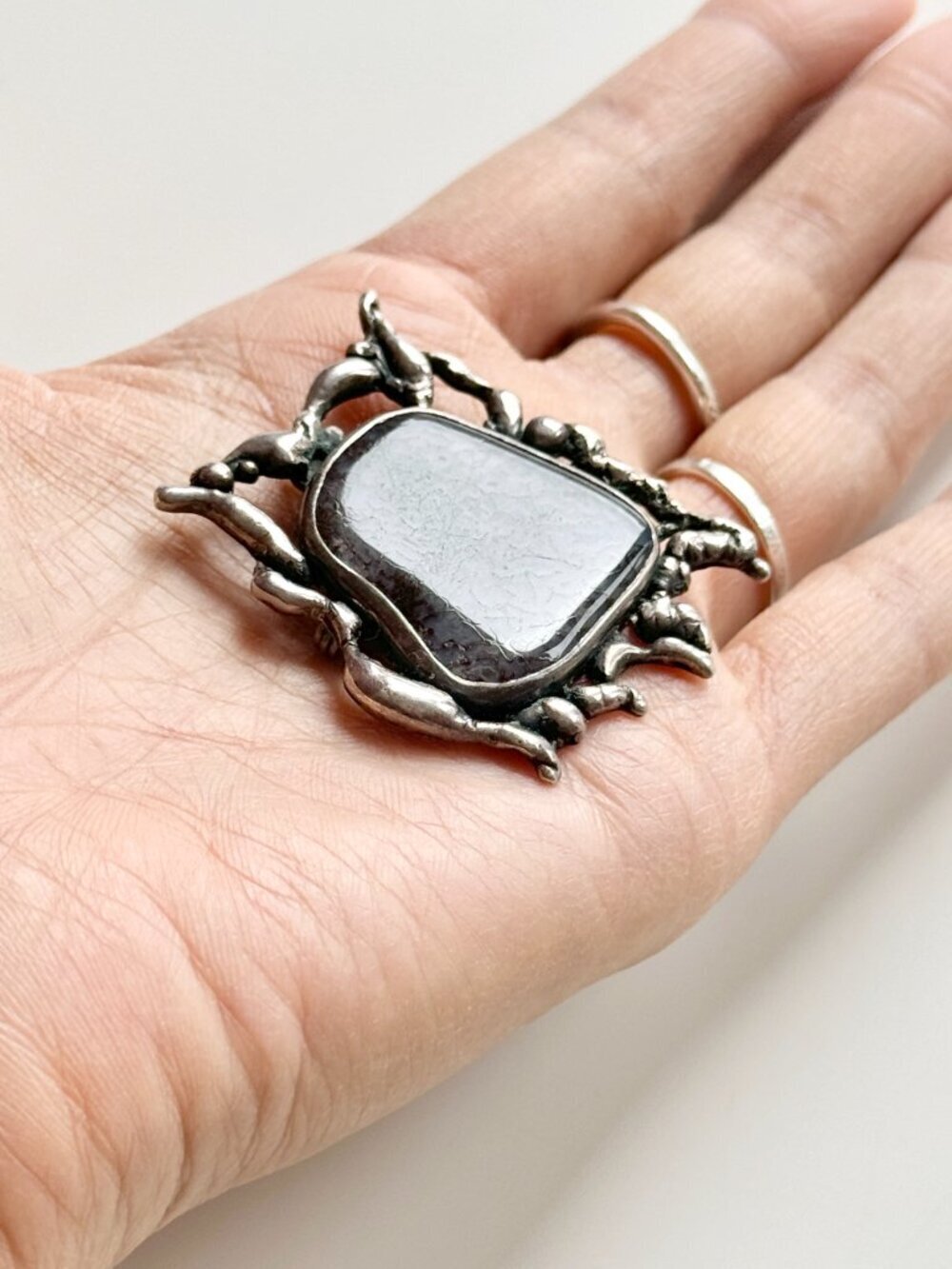 Vintage MK Sterling Silver Brutalist Modernist Purple Agate Brooch Pendant - Picture 12 of 15